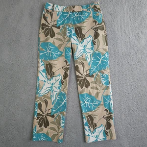 Ann Taylor LOFT Laura Pants Womens 2 Blue Tan Tropical Leaf Crop Stretch Casual - Picture 1 of 11