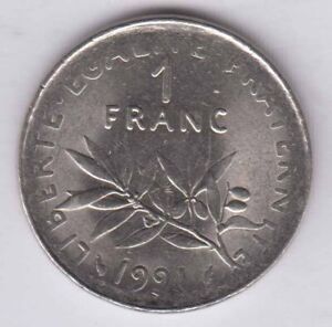 FRANCE 1 Franc 1991 Erreur faiblesse de frappe, weak strike (Y651)