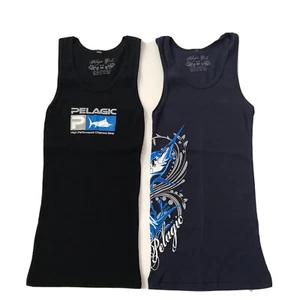Girls Ribbed Tank Top Lot Fish Coastal Black Blue Graphic Logo Stretch Pelagic M - Picture 1 of 5