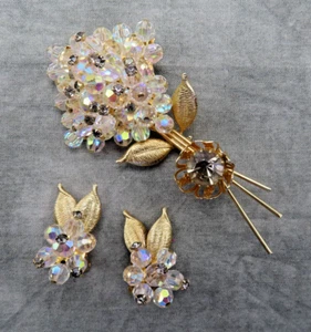 Pendientes broche vintage firmados AB cristal transparente cuentas prendedor conjunto flor dorada 8f - Imagen 1 de 10