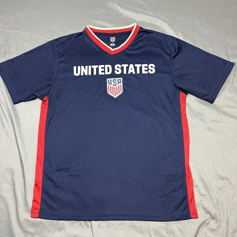 USA Soccer Tshirt Adult Large Mens National Blue Polyester Stretch V Neck Cover