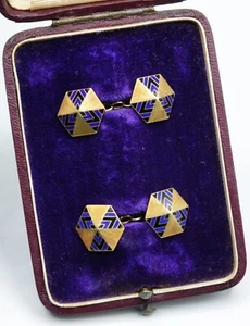 AMAZING French Art Deco Hexagonal Cufflinks 18k Gold & Blue Enamel, ca 1920 - Picture 1 of 19