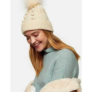 Topshop Women's Bobble Pompom Knit Beanie Cream One Size - Picture 1 of 2