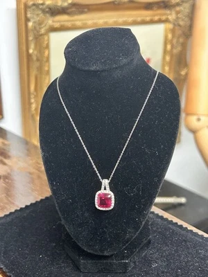 Stunning Vintage 925 Sterling Silver Necklace With Simulated Ruby & Diamonds ￼ - Image 1 of 4