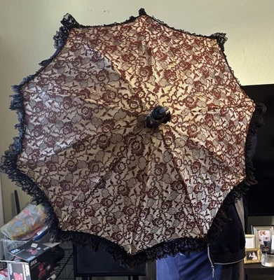 Antique Victorian Cotton Red Black Lace Parasol Carved Wood Handle c. 1900 - Image 1 of 4
