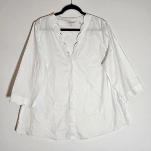 Foxcroft Shirt Womens 18W White Scallop Edge 3/4 Sleeve Heritage Non-Iron Cotton - Picture 1 of 19