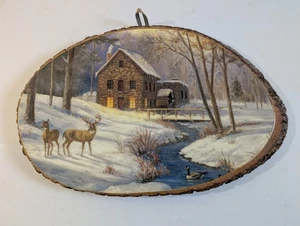 Vintage Live Edge Wood Slab Decoupaged Wall Art Deer House Pine Creek Valley - Picture 1 of 16