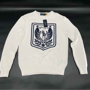 NWT POLO RALPH LAUREN Men's WHITE VINTAGE CREST POLO LOGO Cotton Knit Sweater -S - Picture 1 of 5