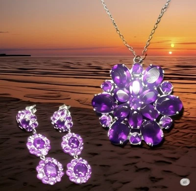 Uau! Pingente/corrente de ametista africana roxa profunda, pulseira, conjunto de brinco sobre SS - Imagem 1 de 4