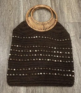 Wicker Round Handle Knit & Circle Wood Bead Brown Tote Handbag Boho Vintage - Picture 1 of 10