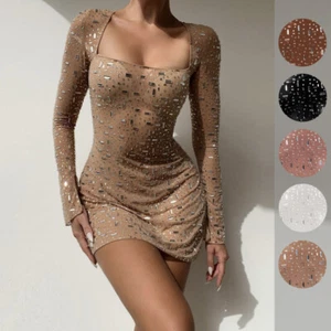 Elegante kurze Damen-Pailletten durchsichtig Bodycon Glitzer Partykleid Cocktail - Bild 1 von 19