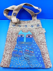Vintage Laurel Burch lila Katzen Canvas Beuteltasche, Reißverschluss, 10" x 14,5" - Bild 1 von 4