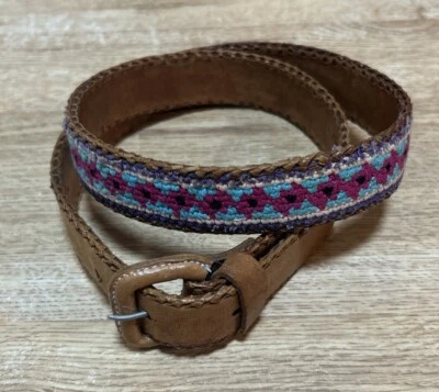 Vintage 90s SIZE 30 Guatemalan Colorful Embroidered Boho Folk Leather Belt - Image 1 of 4