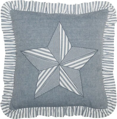 Patchwork Barn Star 18" Denim Blue Ruffled Pillow Farmhouse Bedding Sawyer Mill - Image 1 of 4