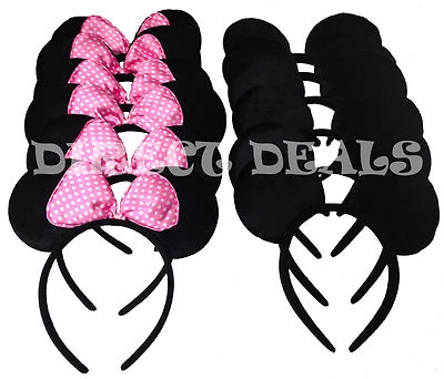 12 Minnie Mickey Mouse Ears Headbands Black Light Pink Bow Party Favors Birthday - Image 1 of 4