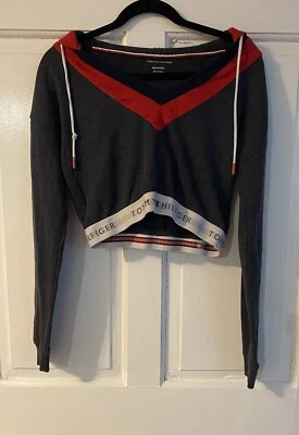 Moletom Tommy Hilfiger Feminino Cinza Vermelho Urbano Cropped Manga Longa Logotipo XS - Imagem 1 de 4
