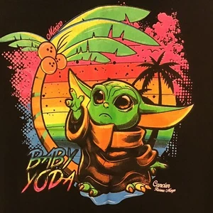 Baby Yoda Cancun Mexico T-Shirt Palm Trees Tropical Size 2XL Black with Neon - Picture 1 of 10