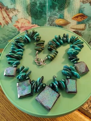 Gorgeous .925 Clasp Colorado Designer Real Turquoise/Art Glass Necklace - 18 in. - Image 1 of 4