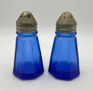 Vintage Cobalt Blue Glass Hazel Atlas Octagon 3" Salt and Pepper Shakers - Picture 1 of 6
