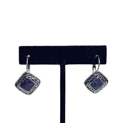 Kenneth Cole Silver Tone & Purple Enamel Geometric Dangle Earrings (5836) - Image 1 of 4