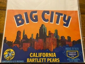 Vintage Unused Big City California Bartlett Pears Crate Label NOS - Imagen 1 de 1