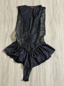 Vintage Traffic Jam Lingerie M Black Satin & Lace Nylon One Piece Teddy Bodysuit - Picture 1 of 6