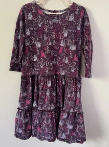 Tea Collection Girls Tiered Dress Purple Rabbit Owl Keyhole Neck 100% Cotton 8 - Picture 1 of 3