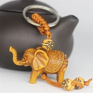 Elephant Buckle Religion Wooden Keychain Carving Pendant Key Ring Key Holder - Picture 1 of 6