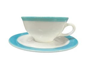 Vintage TEA CUP + SAUCER SET PYREX BLUE BAND Milk Glass Turquoise Aqua Rim USA - Picture 1 of 16