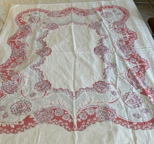 Vintage Cotton Tablecloth Pink Lavender Floral Scroll Screen Print 56 x 50 - Picture 1 of 8