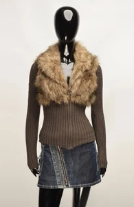 Vintage Chicoree Y2K Coquette Faux Fur Rib Knit Fitted Zip Jumper Size M - Picture 1 of 10