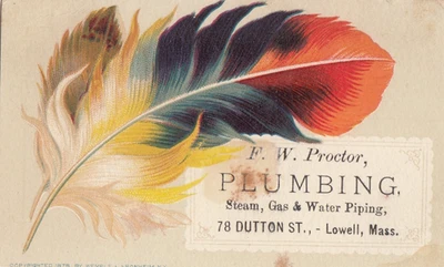 Vintage Ephemera Calling Card F.W Proctor Plumbing MA Red Feather 1878 4 x 2.5 - Image 1 of 2
