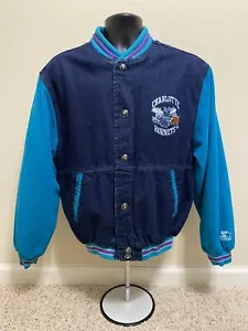 Vintage Charlotte Hornets Denim Starter Jacket 90s NBA Varsity Bomber Size Small - Picture 1 of 12