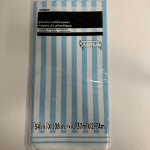 Lot of 6: Unique Plastic Powder Blue Striped Plastic Table Cover, 108" x 54" - Picture 1 of 5