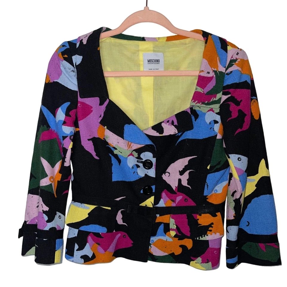 Moschino Cheap And Chic Blazer Womens Size 6 Black Fish Print Bow Accent Cotton - Image 1 of 4