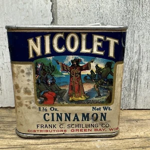 Vintage Nicolet Spice Tin -Cinnamon -Frank Schilling Co Green Bay WI Advertising - Picture 1 of 10