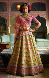 Yellow Pink Lehenga Choli Indian Silk Lengha Chunri Ethnic Party Wear Sari Saree