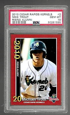 Tarjeta de béisbol 2010 Cedar Rapids Kernels #2 Mike Trout RC PSA 10 Rising Alumni Foto 1 de 4