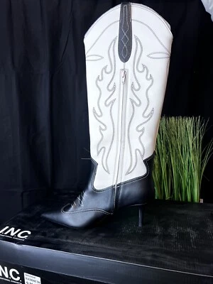 4096. NEW! INC Hayleigh Faux Leather Black/Bone Western Heeled Boots Size 9. NIB - Image 1 of 4