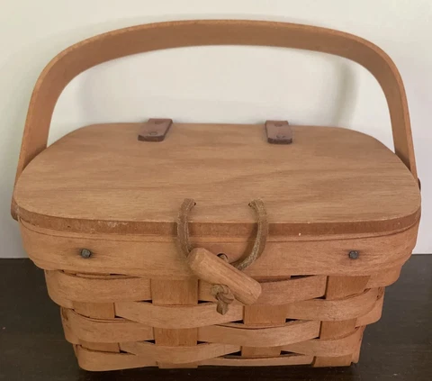 Longaberger 1993 Mini Picnic or Sewing Basket Lid w Leather Hinges Swing Handle Cover
