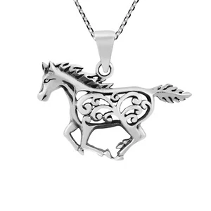 Running Freedom Horse with Filigree Accents Sterling Silver Pendant Necklace - Picture 1 of 6
