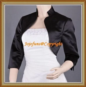 Black Satin Wedding 3/4 Sleeve Shrug/Prom Bolero/Capelet/Coat/Jacket/Cover Up - Picture 1 of 5