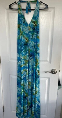 Maxi Vestido Halter Estampado Hawaiano Vintage Talla S Hermoso Colores Azul/Verde Foto 1 de 4