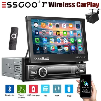 7" Flip Out Single 1 DIN Car Radio Stereo Android Auto/CarPlay MP5 Player+Camera - Image 1 of 4