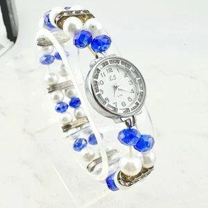 Women's Charm Crystal Blue Bead Pearl Bracelet Watch - Has New Battery - Sz. 6” - Picture 1 of 11