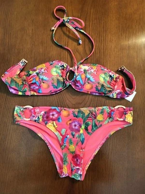 H&M Bikini Conjunto de Natación Traje de Baño Acolchado Bandeau Halter Tropical Selva Talla 4 6 Foto 1 de 4