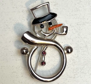 Vintage silberfarbene Schneemann Brosche mit roten Kristallen Emaille Akzente Weihnachten - Bild 1 von 7