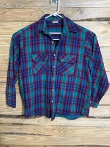 Vintage Five Brother Flannel Shirt L 90s Plaid Teal Purple Heavy Cotton USA - Picture 1 of 10