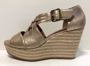 Sandalia alpargata con hebilla y correa de cuña de cuero Trask plataforma de zapatos trenzada dorada 7M - Imagen 1 de 18