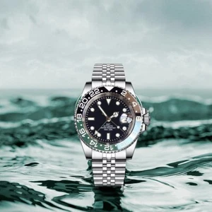 NH34A GMT 40mm Tandorio Black Dial Automatic Men Watch Date Sapphire Glass 10ATM - Picture 1 of 6